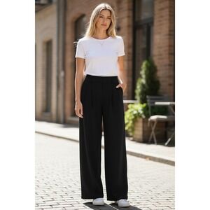 OGL Black High Waisted Wide Leg Pleated Trousers Silk Merino Wool Blend Size Med